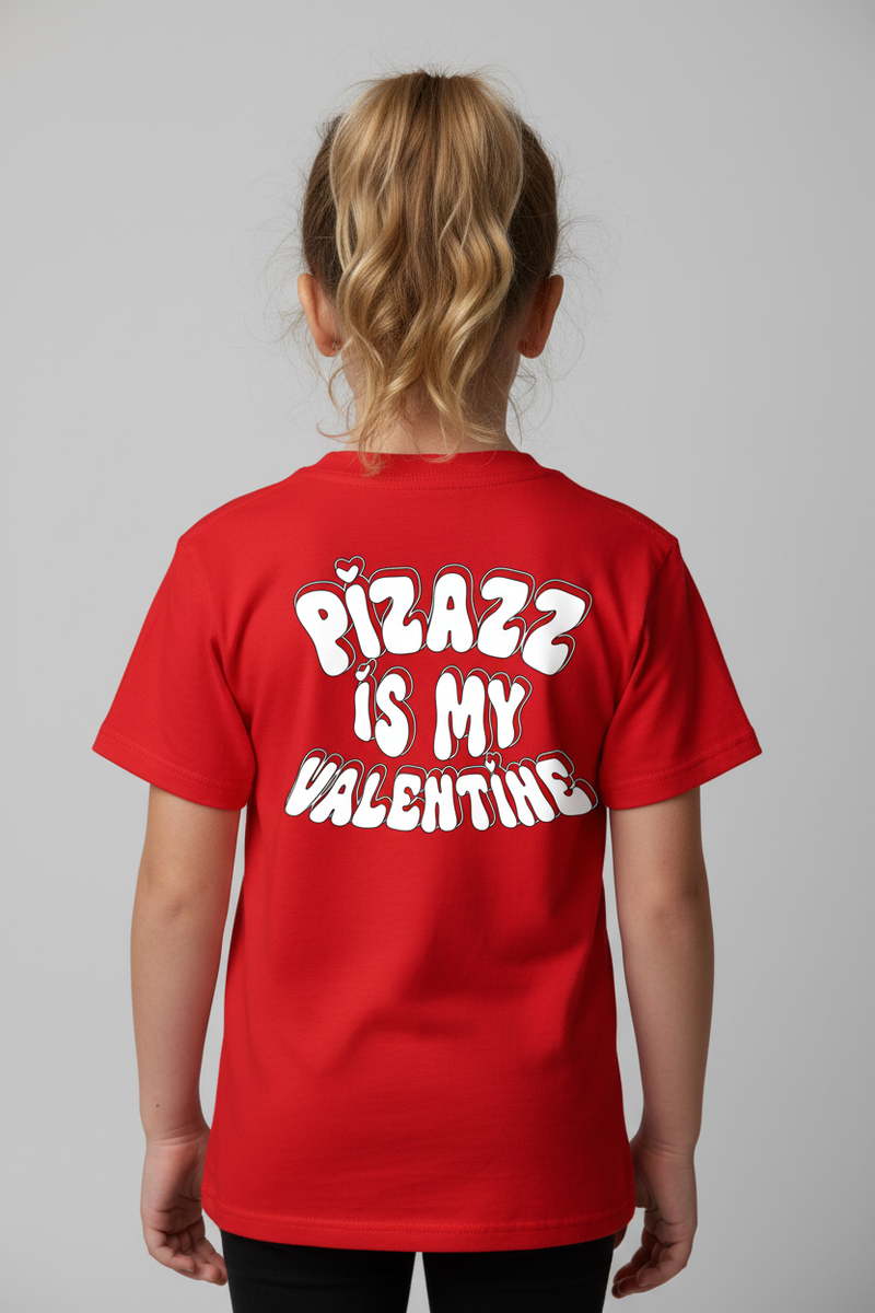 6-year-old girl in red shirt with Pizazz design on back