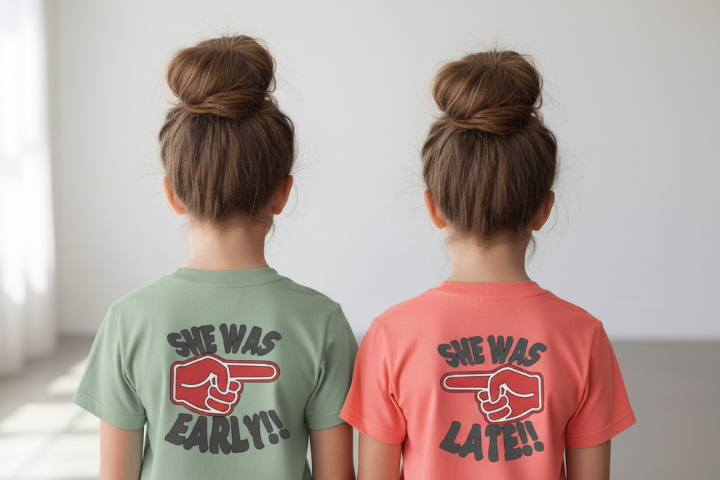 Back view - She Was Early and She Was Late pointing at each other