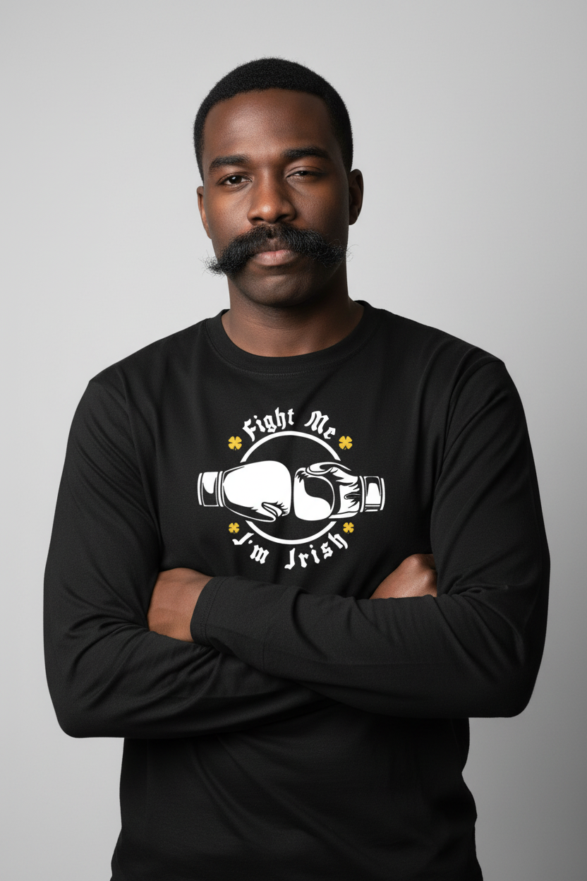 Black long sleeve - Black man with very large mustache winking - arms crossed - white text