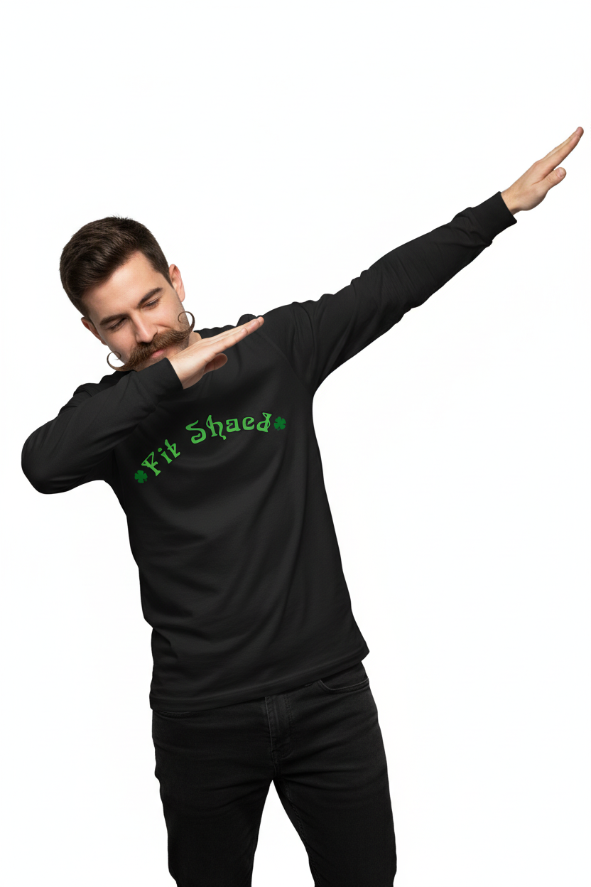 Black long sleeve - brunette guy with very large handlebar mustache dabbing