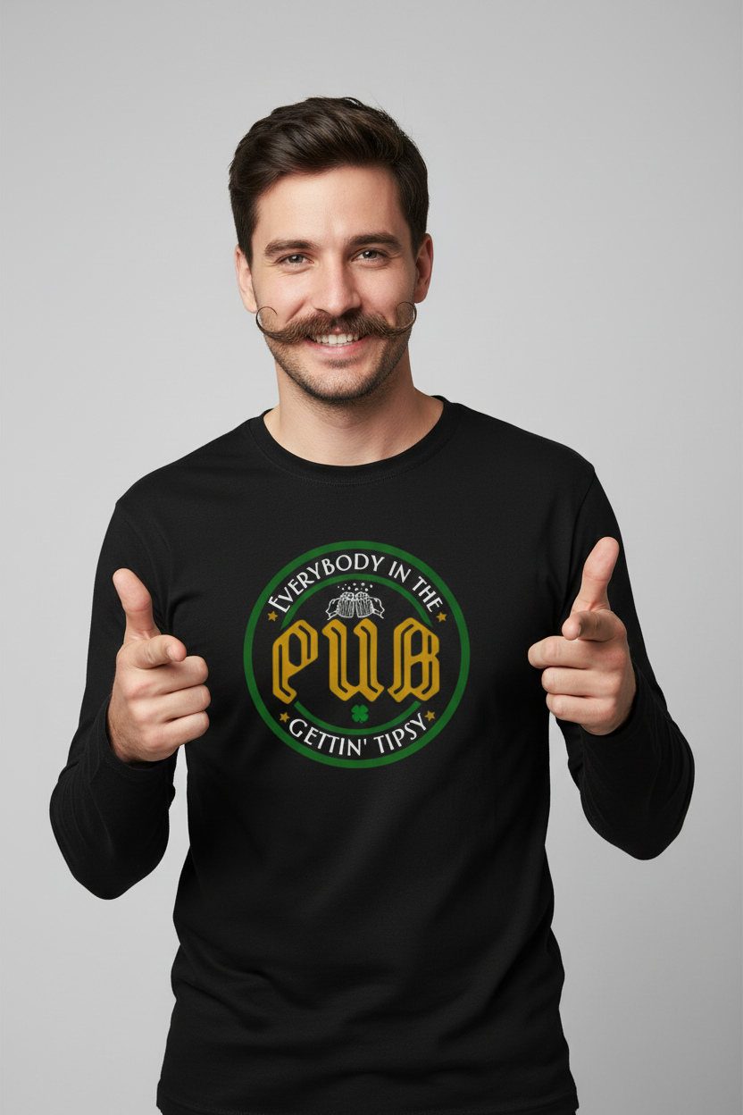 Black long sleeve - gold PUB white text - smiling with finger guns