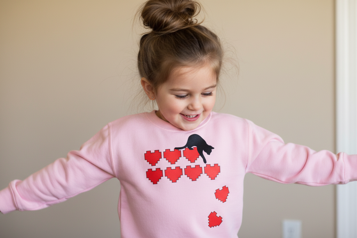 Child with big messy bun in pink sweatshirt