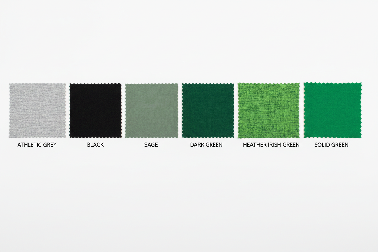 Color swatch - athletic grey, black, sage, dark green, heather irish green, green