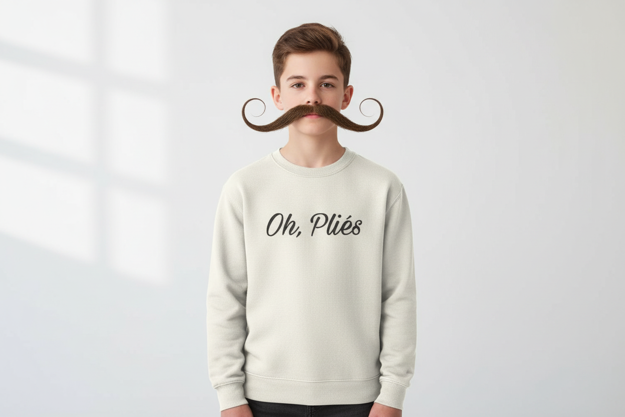 Cream sweatshirt - 14yo boy with handlebar mustache