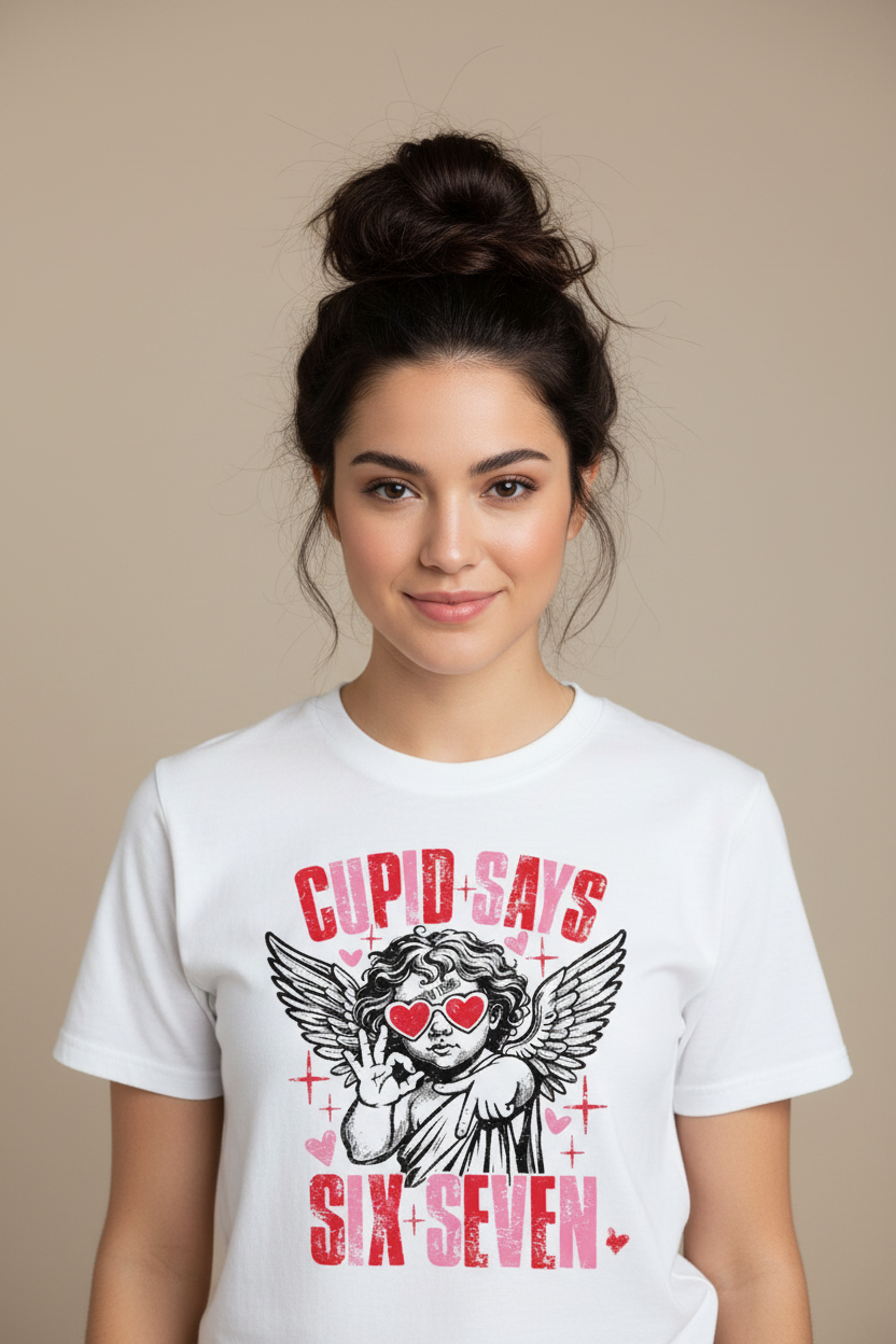 Cupid Says Six Seven on white tee