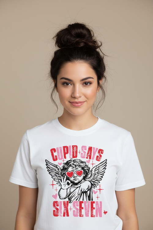 Cupid Says Six Seven on white tee