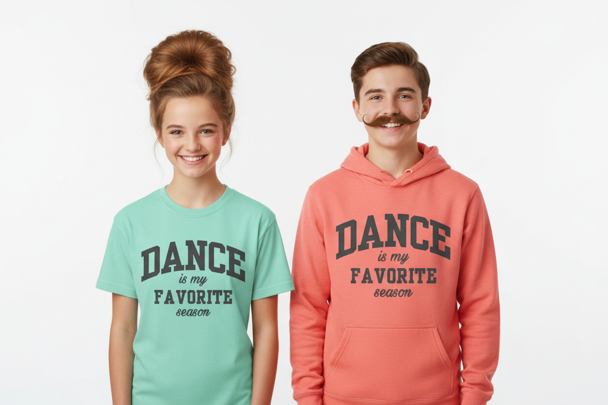 Dance apparel mockup with mint tee and coral hoodie