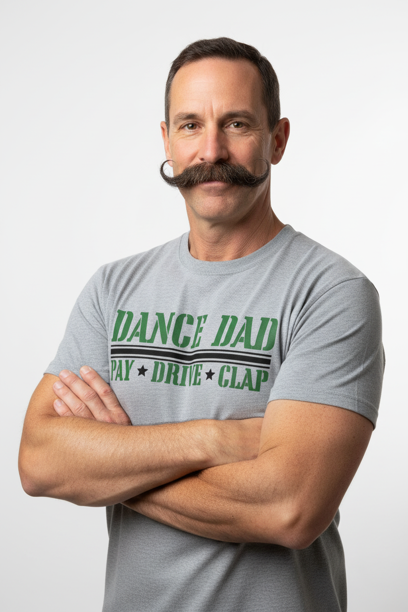 Dance Dad grey shirt with mustache