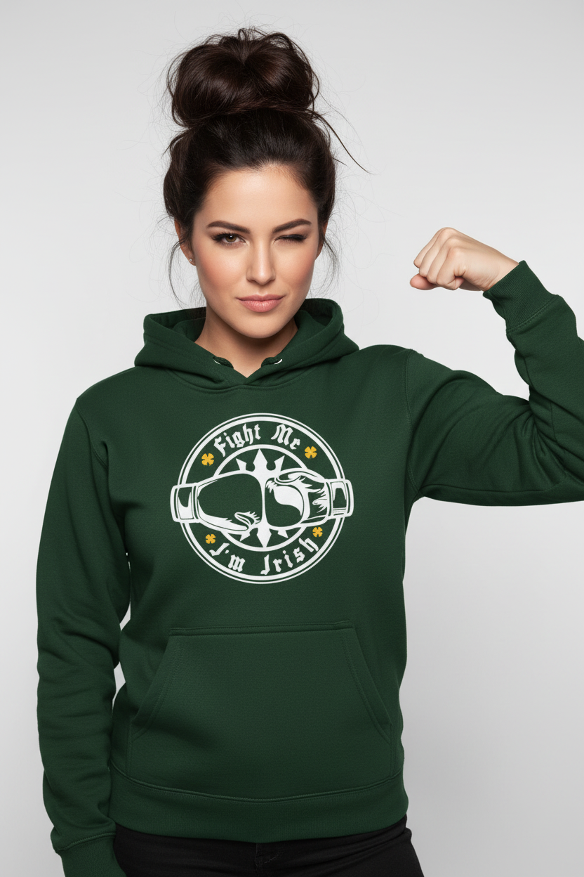 Dark green hoodie - brunette woman with bigger bun winking - flexing bicep - white text