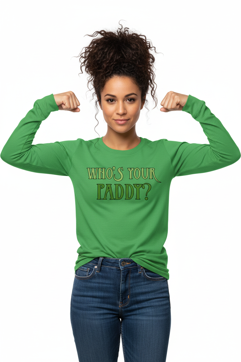 Green long sleeve - Native American woman with very large messy bun flexing - front tucked - better fit