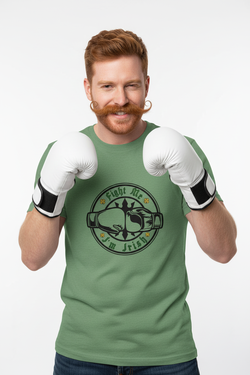 Heather irish green t-shirt - red-haired man with large handlebar mustache winking - boxing stance