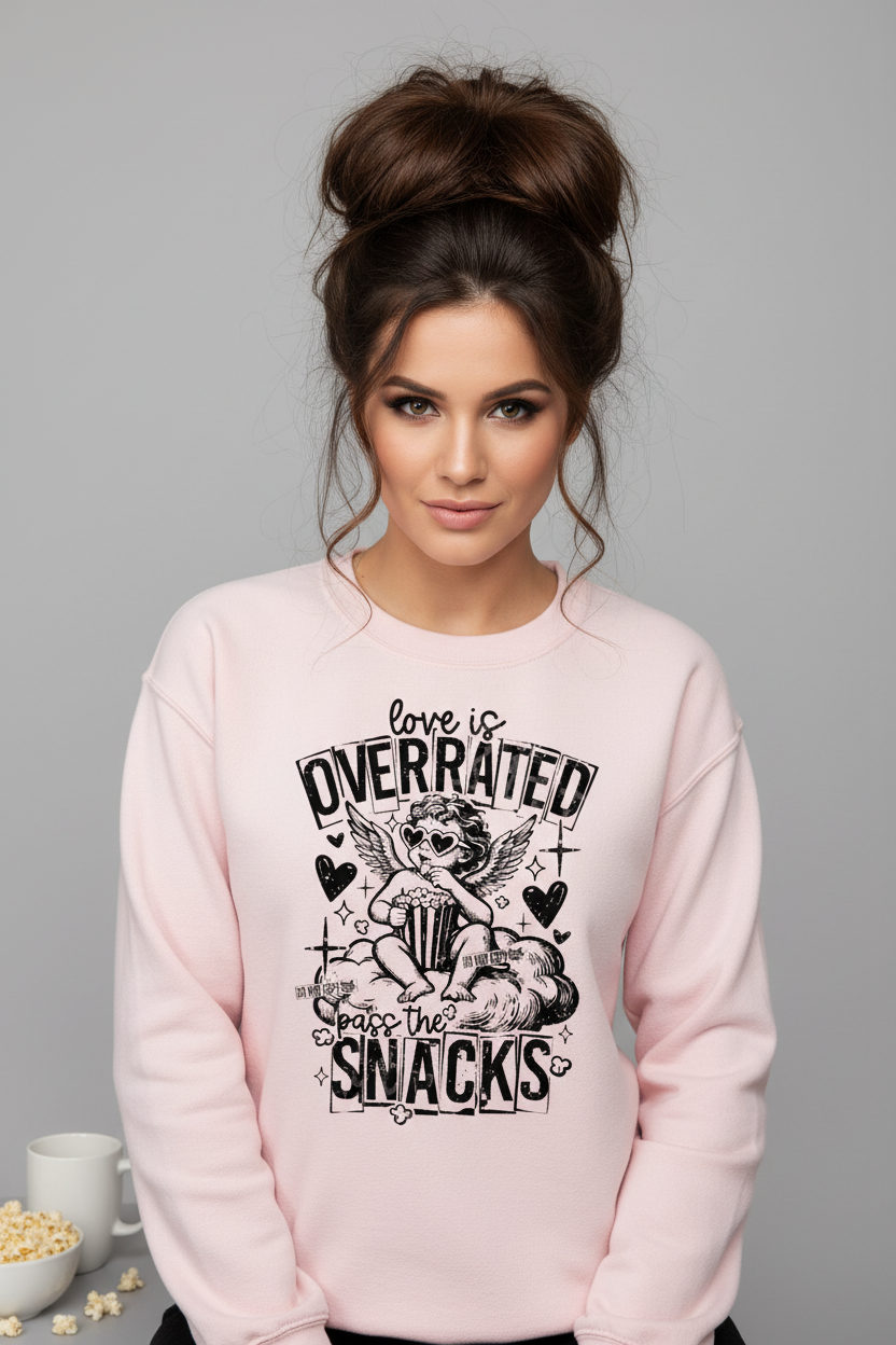 Love is Overrated on soft pink sweatshirt