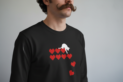 Model with mustache in black long sleeve - white cat logo