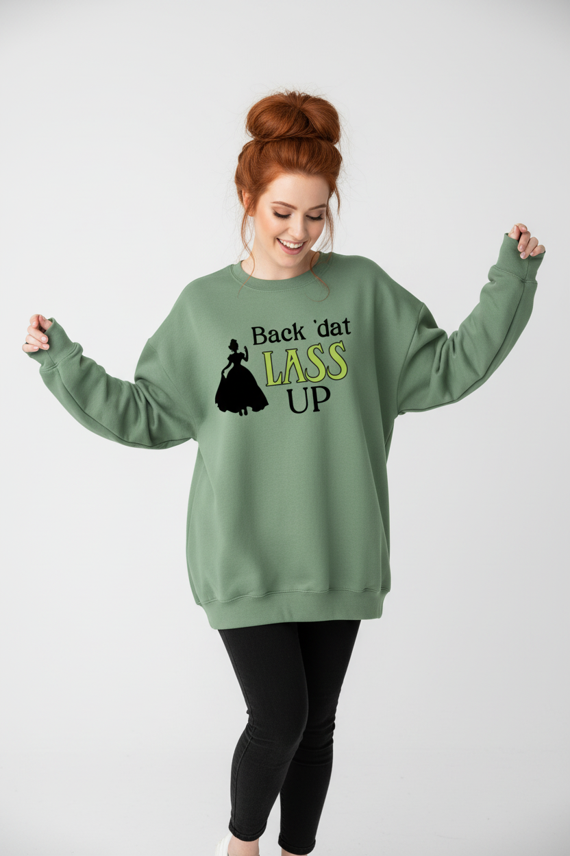 Sage oversized sweatshirt - red-haired girl with big messy bun dancing