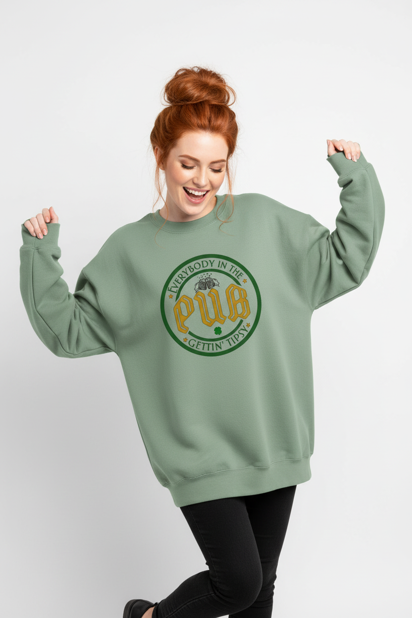 Sage oversized sweatshirt - red-haired girl with messy bun dancing