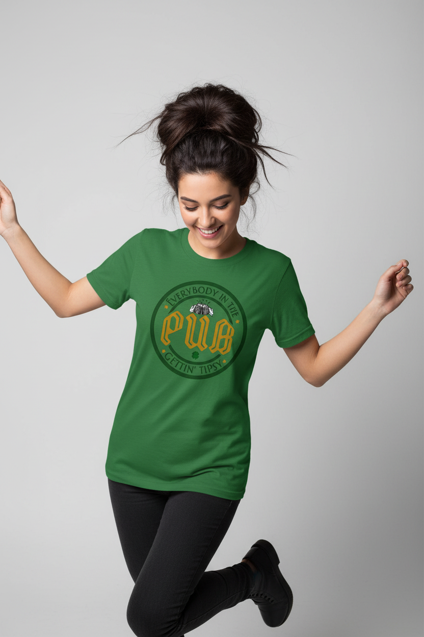 Solid green - brunette with messy bun dancing