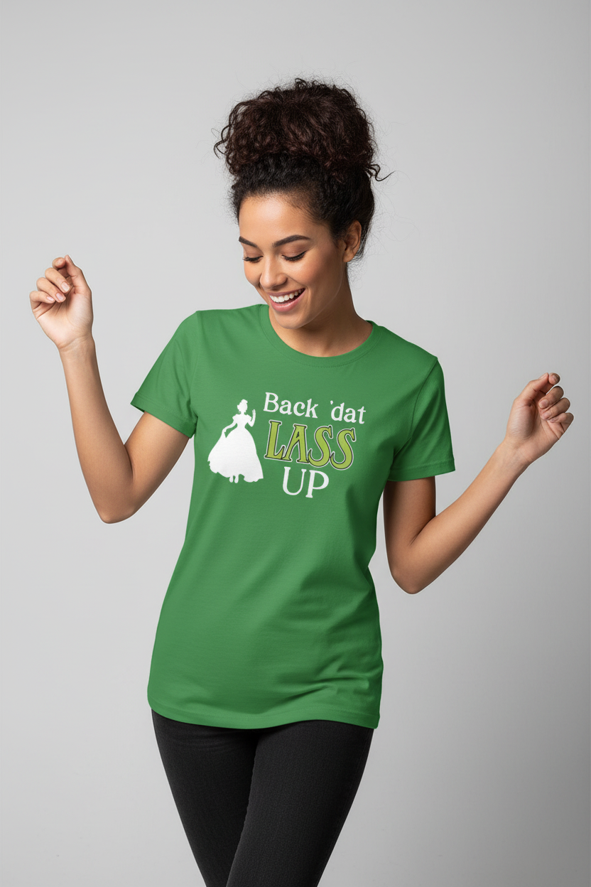 Solid green t-shirt - female with messy bun - green and white logo - dancing
