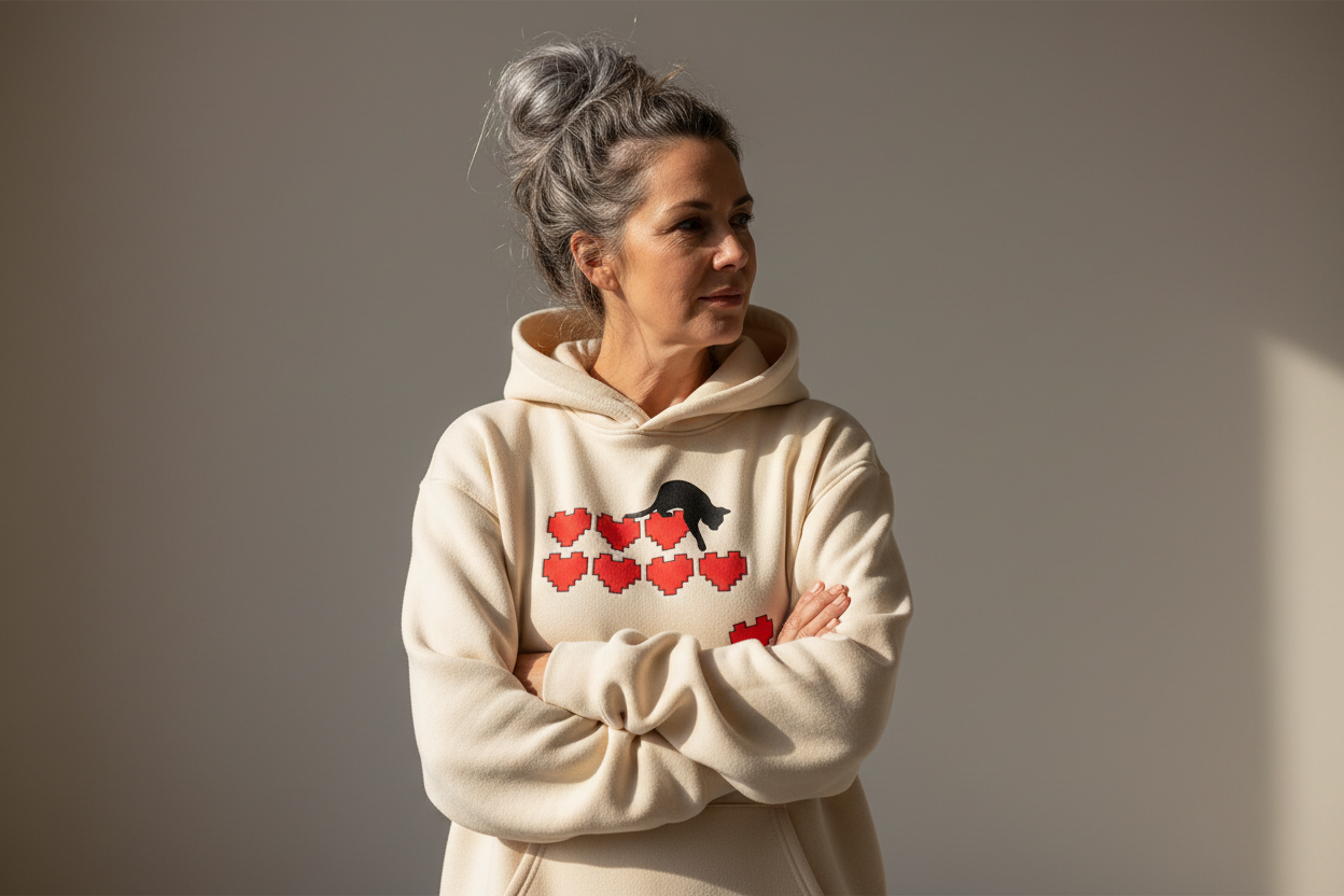 Woman with big messy bun in cream hoodie