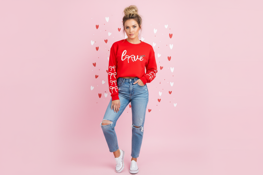 Woman with big messy bun in love sweatshirt