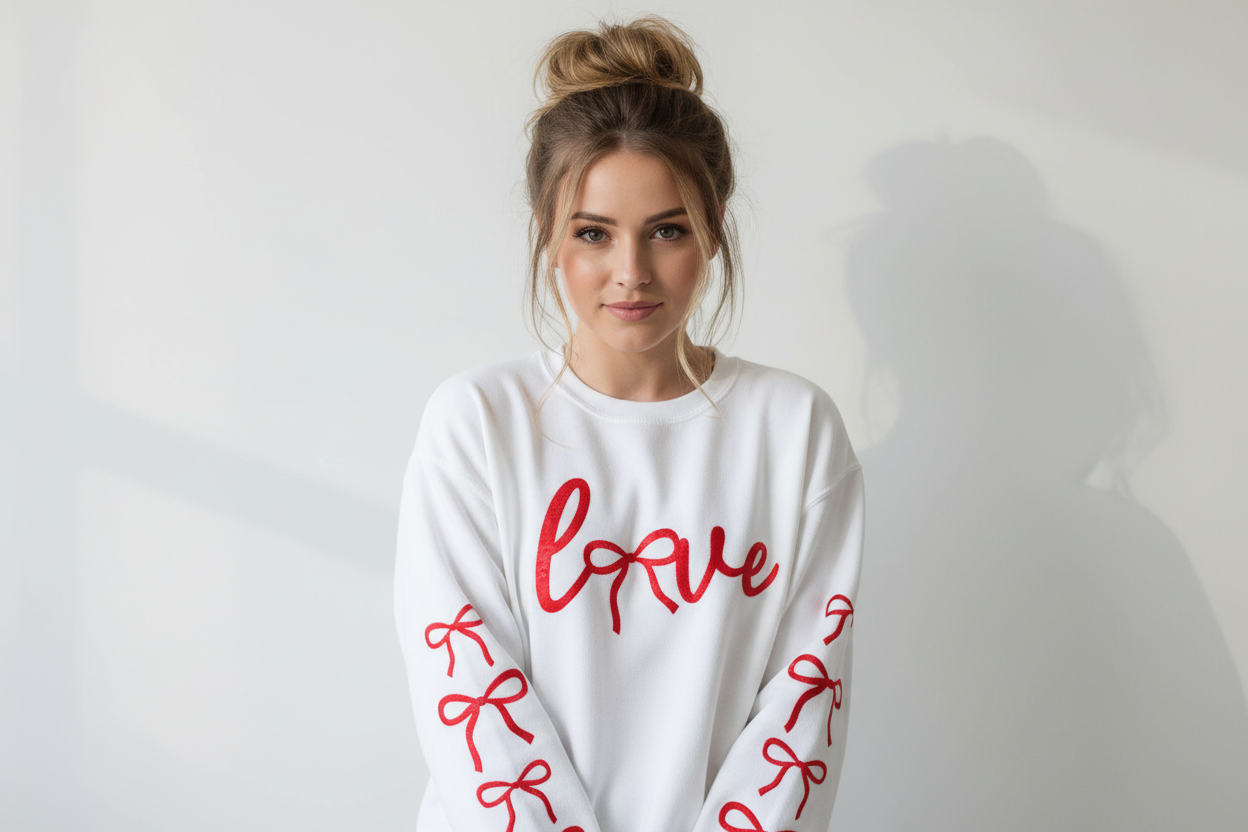 Woman with messy bun in oversized white sweatshirt - red text