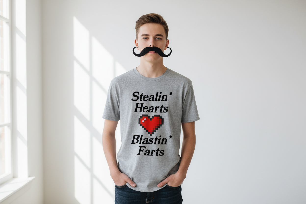 Youth boy with mustache in grey tee - full logo