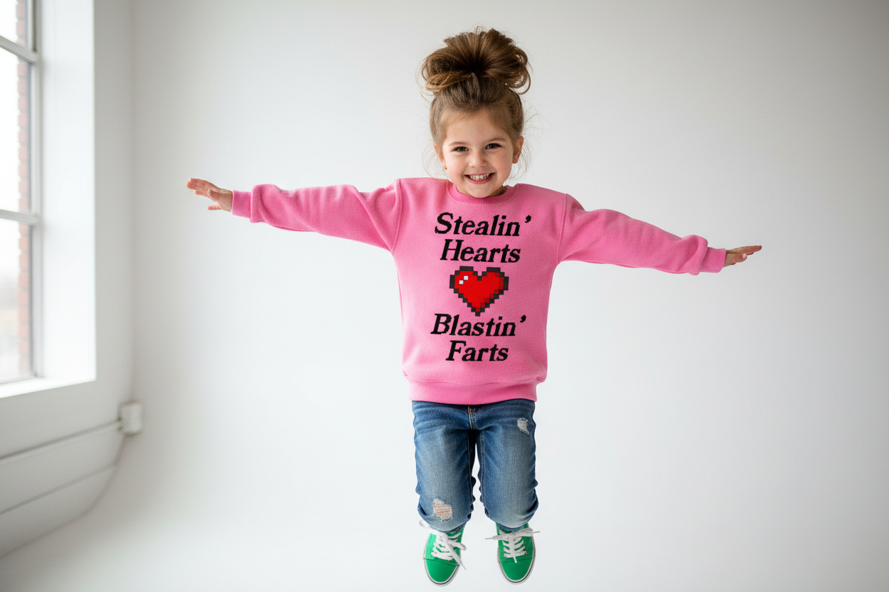 Youth child with messy bun in pink sweatshirt - full logo