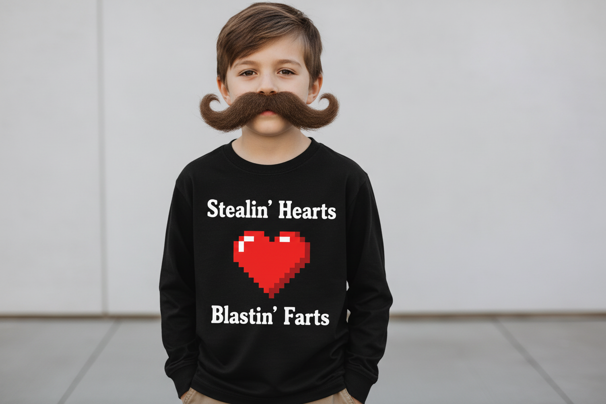Youth with mustache in black long sleeve - white text version
